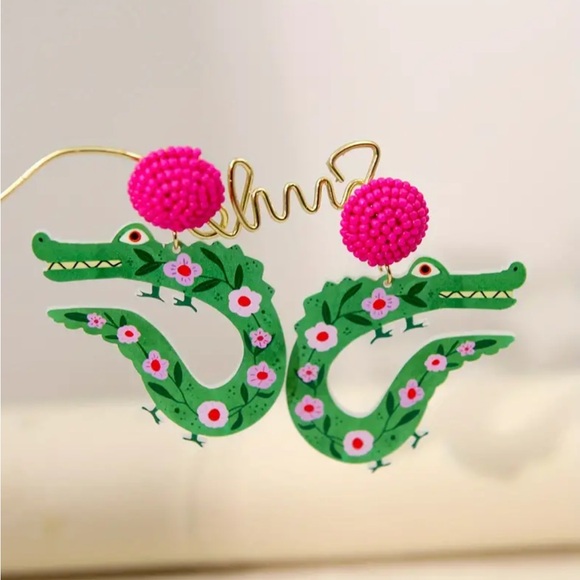 Pink & Green Floral Crocodile Earrings - Picture 2 of 5